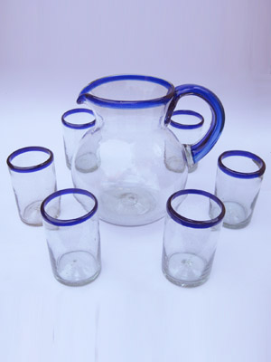 Cobalt Blue Rim Glassware / 'Cobalt Blue Rim' pitcher and 6 drinking glasses set / Bordered in beautiful cobalt blue, this classic pitcher and glasses set will bring a colorful touch to your table.